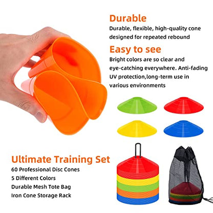 60/120 Pack Agile Soccer Cones with Portable Bags & Brackets,Sports Cones,cones for sports training，soccer cones for training，soccer training equipment，Agile Soccer Cones Used for Football Training - size: A-60 Pack Soccer Cones