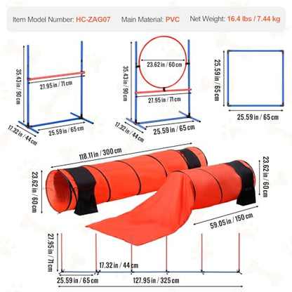 VEVOR Dog Agility Course Backyard Set, 13pcs Agility Training Equipment for Dogs, 2 Tunnels with Sandbags,Adjustable Hurdles,Weave Poles,Jump Ring,Pause Box, Puppy Obstacle Course Kit with Storage Bag - size: 13 Pcs Upgraded Set