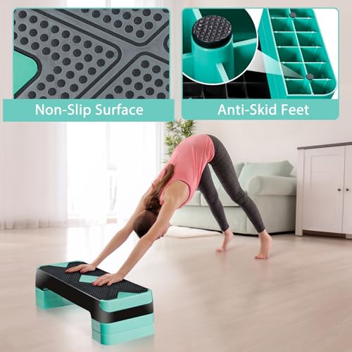 F2C 26.5 Inches Step Aerobics Stepper Platform with 3 Risers, Home Gym Workout Equipment, Fitness Exercise Equipment, Exercise Workout Stepper - color: Green