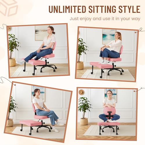 Homall Ergonomic Cross Legged Office Desk Chair with Wheels, 360° Swivel and Adjustable Height for Meditation and ADHD,Criss Cross Kneeling Chair with Lumbar Support (Leather, Pink) - color: Pink