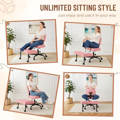 Homall Ergonomic Cross Legged Office Desk Chair with Wheels, 360° Swivel and Adjustable Height for Meditation and ADHD,Criss Cross Kneeling Chair with Lumbar Support (Leather, Pink) - color: Pink
