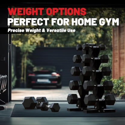 PAPABABE Dumbbell Set Rubber Encased Hex Dumbbell Free Weights Dumbbells Set Home Weight Set- 175lb Set (Pair of 12.5, 15, 17.5, 20, 22.5 lb with Rack)