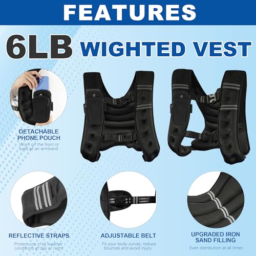 Fitvids Weighted Vest for Women & Men, Weight Vest with Detachable Phone Pouch for Walking, Running, Workout & Strength Training, 6lb/8lb/10lb Body Weight Vests for Fitness with Reflective Stripe - size: 6lb