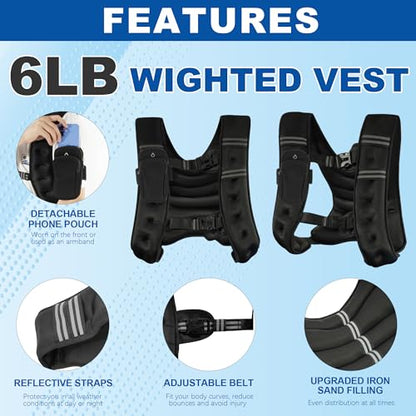 Fitvids Weighted Vest for Women & Men, Weight Vest with Detachable Phone Pouch for Walking, Running, Workout & Strength Training, 6lb/8lb/10lb Body Weight Vests for Fitness with Reflective Stripe - size: 6lb