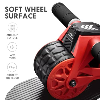 Automatic Rebound Ab Roller with Smart Display, Dual Wheel Design, Red, ABS Material, 150 lbs Weight Capacity, 9.5x9.5x2.82 inches