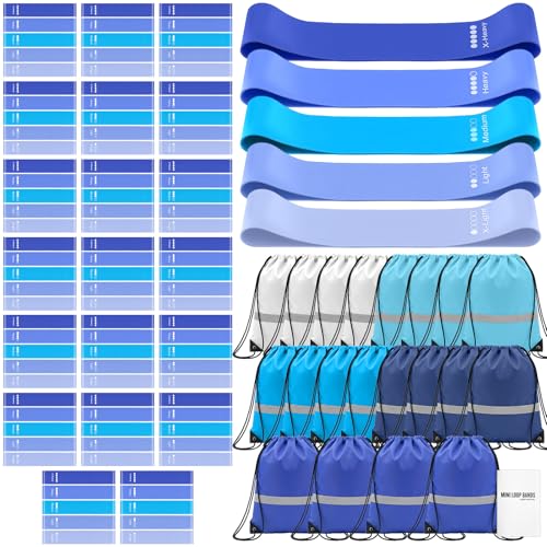 120 Pcs Workout Loop Resistance Bands Bulk, Gym Elastic Bands Set for Fitness Sport Class Students Members Gift Physical, 5 Pieces Each Set, with Large Drawstring Backpack Bags - color: Blue