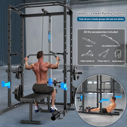 Power Cage, Multi-Functional Power Rack with J-Hooks, Dip Handles, Landmine Attachment and Optional Cable Pulley System for Home Gym