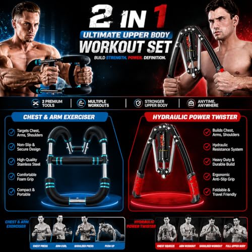 Hydraulic Twister Arm Trainer Chest Workout Duo Set – Adjustable Resistance 22/60 - 440 lbs, Home Gym Full Upper-Body Workout Strength Training – Portable Arm, Chest & Shoulder Workout at Home Gym