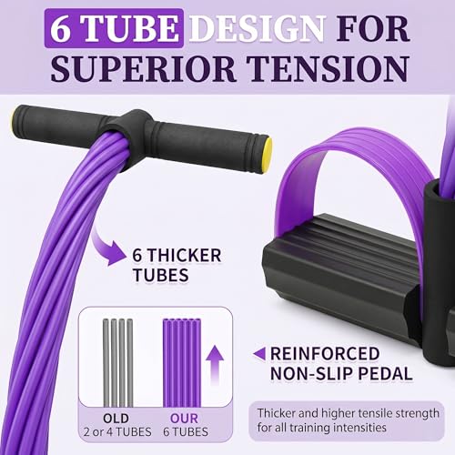 Pedal Resistance Bands with Handles, 6-Tube Sit Up Pull Rope Resistance Trainer, Natural Latex Foot Pedal Exercise Bands for Full Body Workout, Home Fitness Training, Waist, Arms & Legs (Purple)