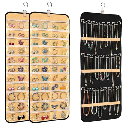 2pcs Double-Sided Hanging Jewelry Organizer for Closet with 48 Pockets & 21 Necklace Hooks Wall Mount Earring Holder Organizers Bracelet Necklace Display Hanger for Women Closet Wall Rings Display