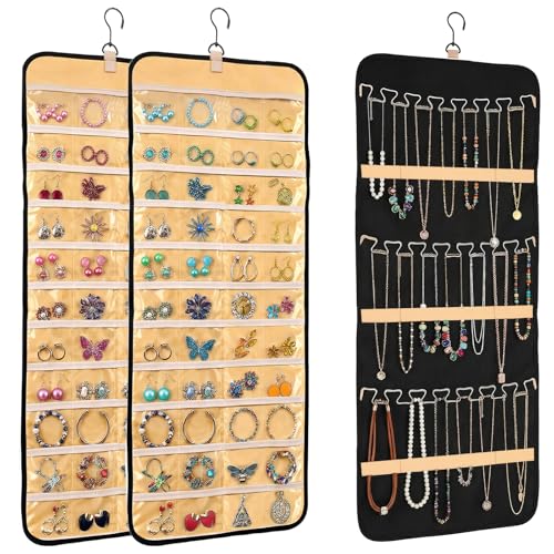 2pcs Double-Sided Hanging Jewelry Organizer for Closet with 48 Pockets & 21 Necklace Hooks Wall Mount Earring Holder Organizers Bracelet Necklace Display Hanger for Women Closet Wall Rings Display