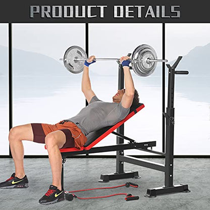 Adjustable Folding Weight Bench,Strength Training Bench for Full Body Workout,Fitness Barbell Rack and Weight Bench for Home Gym (Red)