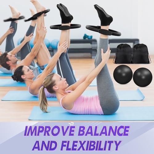 18 Pcs Home Pilates Ball and Ring Circle Set Yoga Fitness Essentials Kit with 5 Resistance Band Stretching Strap Non Slip Sock Ball Core Slider Wristband Headband Gym Bag for Women