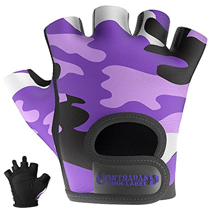 Contraband Pink Label 5217 Women's Design Series Camo Print Lifting and Rowing Gloves (Pair) - Lightweight Vegan Medium Padded Microfiber Amara Leather w/Griplock Silicone - color: Purple, size: Small