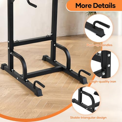 Power Tower Pull Up Bar,Pull Up Bar Station, 6-Level Adjustable Pull Up Dip Station for Home Gym, 450 Lbs Weight Capacity, Strength Training Fitness Workout Equipment with Power Elastic Ropes