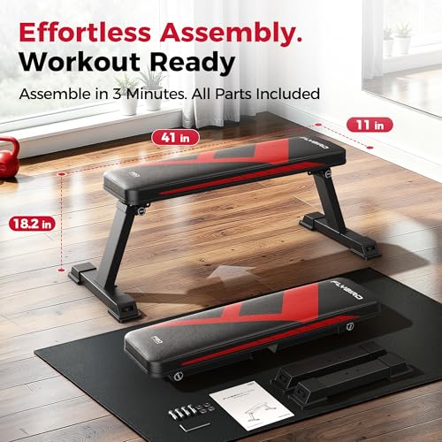 FLYBIRD Foldable Flat Weight Bench for Home Gym, 600/1000 lbs Capacity with Dual Locking for Strength Training, Easy Setup & Storage for Small Apartments, Lifting, Hip Thrust, Dumbbell Workout