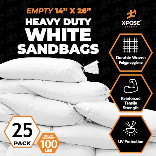 Xpose Safety Heavy Duty Sand Bags with Tie Strings – Empty Woven Polypropylene Sandbags for Hurricane Flood Protection, 100 lb Capacity, 14" x 26", White, Pack of 25 - color: White, size: 25 Sandbags