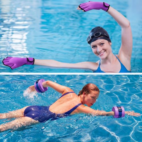 Water Aerobics Set Aquatic Exercise Set Include Water Foam Dumbbell Swim Aquatic Cuffs Ankle Arm Swimming Glove Pool Resistance Weights Pool Fitness Equipment for Training - color: Purple