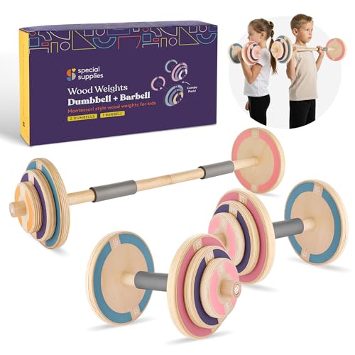 Special Supplies Kids Wooden Workout Play Weights Set - Adjustable Dumbbells and Barbell Set for Home Gym Equipment, Exercise Workout Set for Fitness Activities (Barbell + Dumbbells)