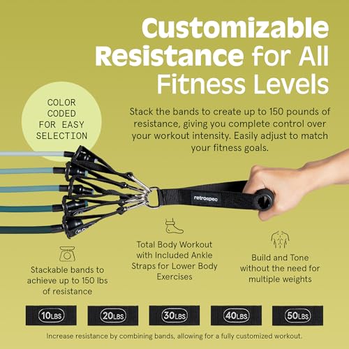 Retrospec Train Resistance Bands Set for Working Out - 5 Stackable Bands, Handles & Door Anchor - Portable Fitness Equipment for Physical Therapy & Yoga Includes Carry Bag