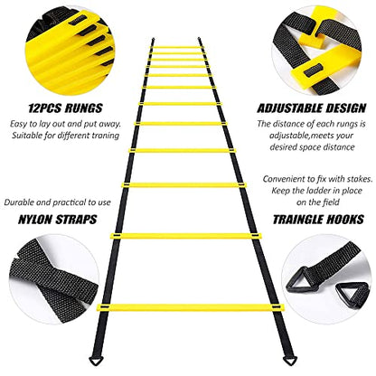 12 Rung Agility Speed Ladder, Adjustable Training Ladder with 12 Marker Cones and Storage Bag, for Soccer Football Fitness Speed Coordination Training
