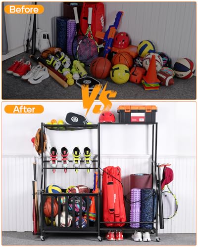 EXTCCT Garage Sports Equipment Organizer with Wheels, Golf Bag storage Rack - color: Black - Large