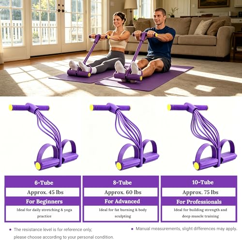 Pedal Resistance Bands with Handles, Upgraded 6/8/10 Tube Heavy Duty TPE Non-Slip NBR+PP, Full Body Yoga Workout Band for Abdomen Leg Glute, for Men and Women