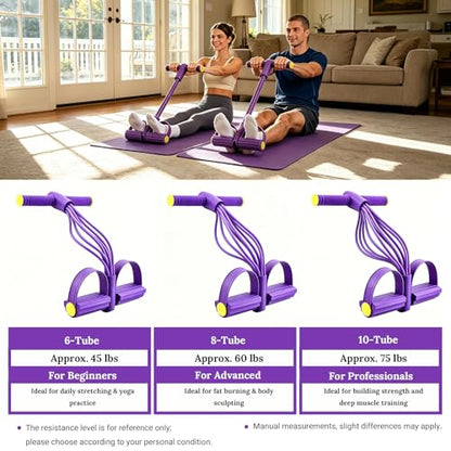 Pedal Resistance Bands with Handles, Upgraded 6/8/10 Tube Heavy Duty TPE Non-Slip NBR+PP, Full Body Yoga Workout Band for Abdomen Leg Glute, for Men and Women