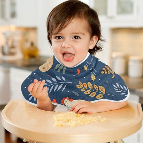 Roosters Dark Blue Muslin Burp Cloths 1 Pack - Extra Large 22"x11", 4-Layer Soft Absorbent Cotton, Waterproof Backing, Baby Drool Rags for Newborn