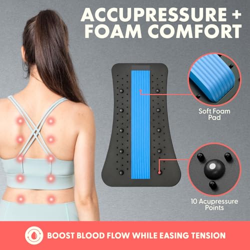 Lower Back Stretcher Device, Ergonomic Lumbar Support Back Massager, Multi-Level Traction, Foam Cushion with Pressure Points, 30-Day Digital Workout Program, for Home, Gym, Car & Yoga Mat Use
