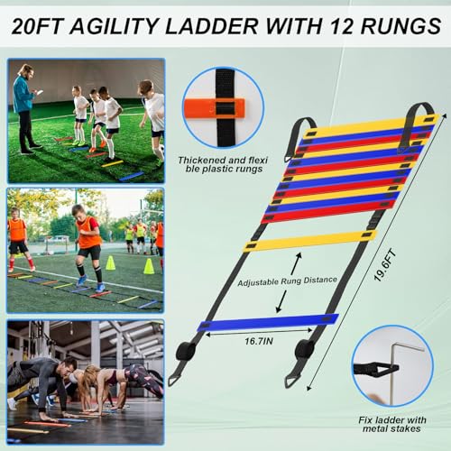 Speed Agility Training Equipment Set, Agility Ladder 20ft, 12 Football Cones, Resistance Parachute/Soccer Kick Trainer, Jump Rope, 5 Resistance Bands, Football Practice Equipment for Kids Adults - color: Colorful Laddder Set