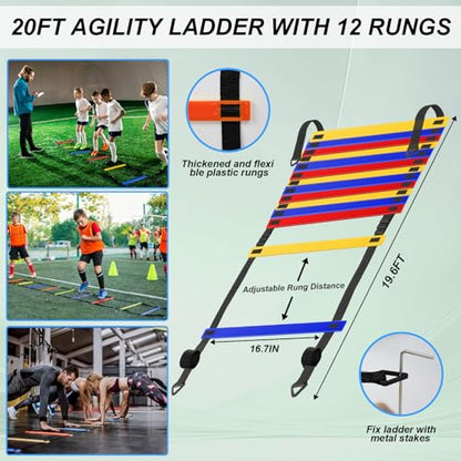 Speed Agility Training Equipment Set, Agility Ladder 20ft, 12 Football Cones, Resistance Parachute/Soccer Kick Trainer, Jump Rope, 5 Resistance Bands, Football Practice Equipment for Kids Adults - color: Colorful Laddder Set