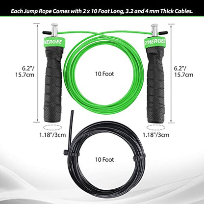 Synergee Electric Green Speed Jump Rope - (2) Adjustable 10 Ft Cable - Steel Ball Bearings - for Crossfit, MMA, Boxing & Fitness, Anti-Slip Handles.