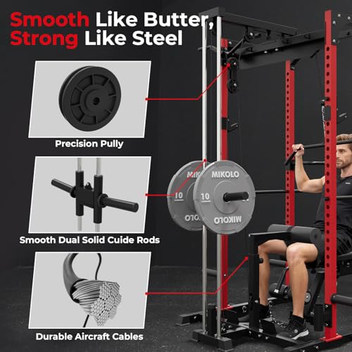 Mikolo F4 2.0 Power Cage with Dual-Track Smooth Pulley System, 1200LBS Power Rack with Leg Hold-Down for Heavy LAT Pulldowns - color: Red, size: F4 2.0 (with Bench＆Bar）