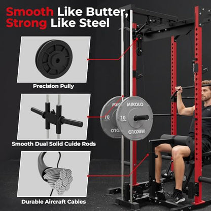 Mikolo F4 2.0 Power Cage with Dual-Track Smooth Pulley System, 1200LBS Power Rack with Leg Hold-Down for Heavy LAT Pulldowns - color: Red, size: F4 2.0 (with Bench＆Bar）