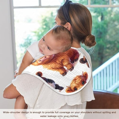 Little Highland Cows Muslin Burp Cloths 2 Pack - Extra Large 22"x11", 4-Layer Soft Absorbent Cotton, Waterproof Backing, Baby Drool Rags for Newborn