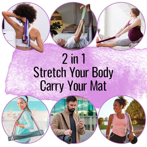 Yoga Strap & Mat Strap – 2 IN 1 – Cotton – 6 ft 8 ft 10 ft (30+ colors) – Adjustable Non-Slip Belt for Yoga, Pilates, Stretching, Physical Therapy, Fitness & Home Workout – For Carrying Mats