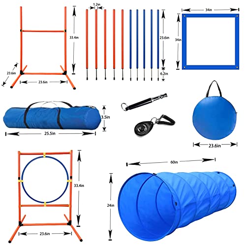 Dog Agility Training Equipment Set, Puppy Jump Training Obstacle Course Starter Kit Pet Agility Outdoor Games Dog Outdoor Games with Tunnel, Weave Poles, Adjustable Hurdle, Jump Ring