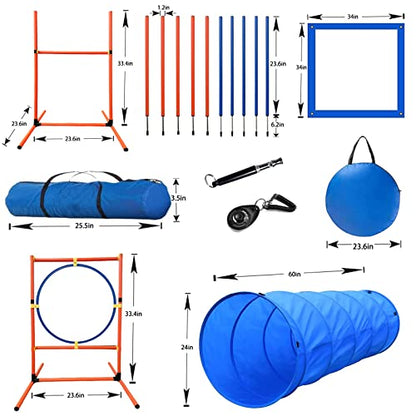 Dog Agility Training Equipment Set, Puppy Jump Training Obstacle Course Starter Kit Pet Agility Outdoor Games Dog Outdoor Games with Tunnel, Weave Poles, Adjustable Hurdle, Jump Ring