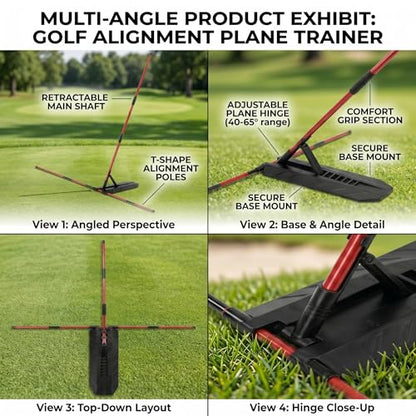 Golf Alignment Stick Holder Adjustable Angle Swing Trainer Aid Fiberglass Rods PVC Sleeve Plane Corrector Portable ABS Base for Men Women Putting Drills Red Black