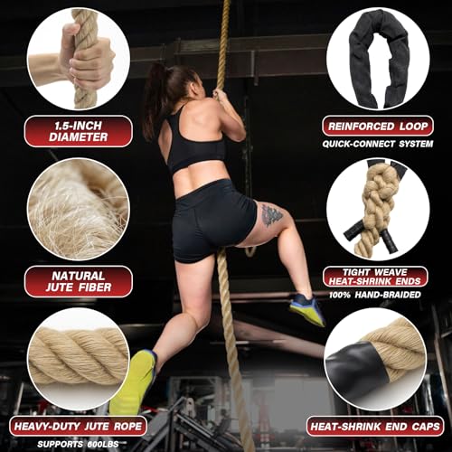 Climbing Rope Gym Workout - 10FT 15FT 20FT 25FT 30FT 35FT Heavy Duty Jute Thick Ropes for Adults Strength Training Outdoor Tree Swing Indoor Home Fitness Exercise - 1.5 Inch - size: 20FT