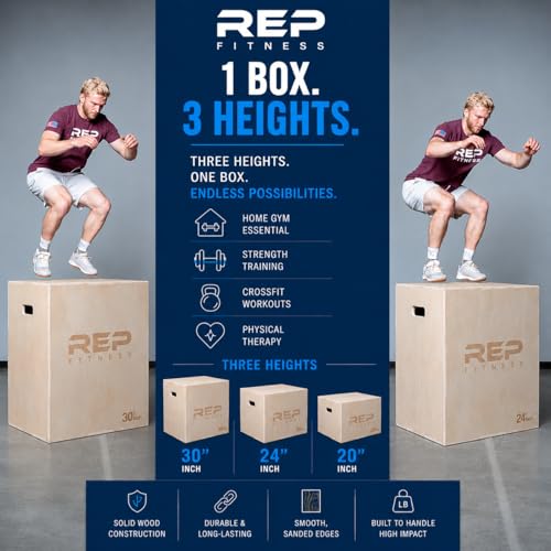 Rep Plyometric Wood Jump Box | CrossFit & Strength Training | 12 to 30" Range of Wooden Step Platforms | Gym & Sports Workouts | Fitness, Exercise, Physical Therapy Equipment | Pro Conditioning Tool