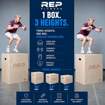 Rep Plyometric Wood Jump Box | CrossFit & Strength Training | 12 to 30" Range of Wooden Step Platforms | Gym & Sports Workouts | Fitness, Exercise, Physical Therapy Equipment | Pro Conditioning Tool