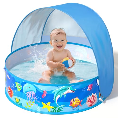 Baby Pool with Canopy Foldable Kiddie Pool with Sun Shade Pools for Toddlers Baby Beach Essentials Pop Up Tent Swimming Wading Pools Portable Summer Water Play for Indoor Outdoor Beach Backyards - color: Blue-1