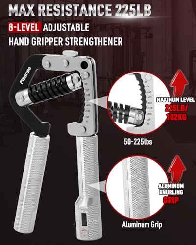 Grip Strength Trainer - Adjustable Hand Gripper Strengthener 8 Levels 50-225 lbs with Counter, Hand Grip Exerciser Wrist Strengtheners, Forearm, Finger & Hand Strength Training for Athletes, Climbers & Rehabilitation