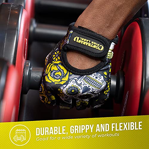 Contraband Pink Label 5237 Womens Designer Workout Gloves | Sugar Skull Print w/Grip-Lock™ Padding (Yellow, Medium) - color: Yellow, size: Medium