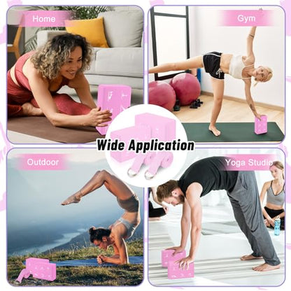 RETON 2 Pack Yoga Blocks and 2 Yoga Straps Set, Soft Non-Slip Yoga Block for Pilates, High Density EVA Foam Yoga Brick with Yoga Strap for General Fitness, Stretching, Improve Strength and Flexibility - color: Pink
