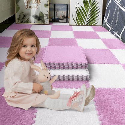 16 PCS Plush Interlocking Carpet Tiles, 0.6" Thick Soft Foam Floor Mat for Baby Crawling, Kids Playroom, Nursery, Bedroom, Living Room & Home Office, Non-Slip Puzzle Floor Tiles(11.8ft, Pink) - color: Pink