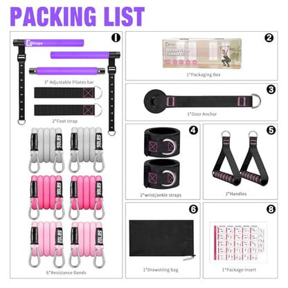 Pilates Bar Kit with Resistance Bands,Pilates Bar with Stackable Bands Workout Equipment for Legs,Hip,Waist and Arm,Exercise Fitness Equipment for Women & Men Home Gym Yoga Pilates - color: Hot Purple