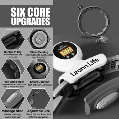 U5 Smart Weighted Hula Hoop with Counter, Waist Trimmer & Wash Bag –16 Knots, 28"–46" Adjustable Infinity Hoop Plus Size, Quiet Rubberized Wheels, Abdominal Toner - color: Gray + Waist Trimmer